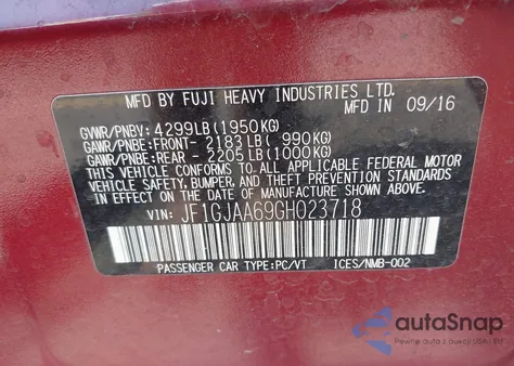 2016 Subaru Impreza 2.0I z USA, uszkodzony, nr VIN JF1GJAA69GH023718